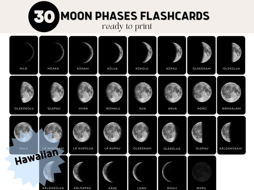 Hawaiian Moon Phases, Printable Flashcards, Hawaiian Lunar Month, Ke Ala O Ka Mahina Etsy