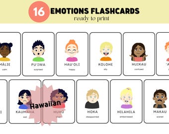 Könnte beinhalten: Ein Satz von 16 bunten Lernkarten mit Illustrationen von Kindern, die verschiedene Emotionen ausdrücken. Jede Karte enthält das hawaiianische Wort für die Emotion und eine englische Beschreibung. Die Wörter "Hawaiianisch" und "16 Emotions-Flashcards" sind oben auf der Seite gedruckt.