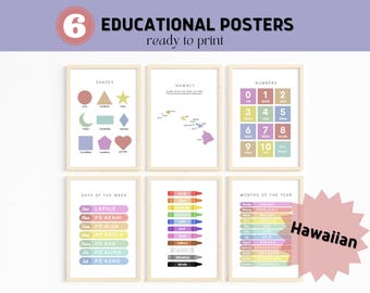 Hawaiian Educational Posters, 6 Homeschool Prints, Hawaiian Language Poster, Kids Montessori Classroom Decor, Hawaii Kids, ʻŌlelo Hawaiʻi