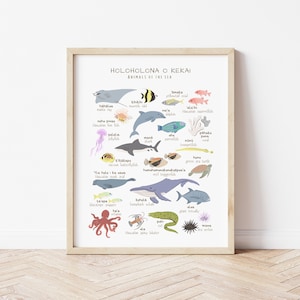 Animales del mar en Hawaii, 'ōlelo Hawai'i, Holoholona o Kekai Poster, Descarga digital, Imprimible educativo