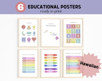 Hawaiian Educational Posters, 6 Homeschool Prints, Hawaiian Language Poster, Kids Montessori Classroom Decor, Hawaii Kids, ʻŌlelo Hawaiʻi