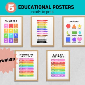Hawaiianische Lernposter, 5 Hausschul-Ausdruckbare, Hawaiianische Sprachplakat, Montessori-Klassenzimmerdekor, Hawaii-Kinder, `Ōlelo Hawai`i