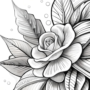 Black and White Flowering Rose Outline with Leaves Digital Download