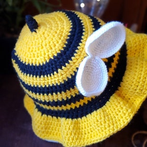 Crochet Bee Bucket Hat, with Sparkly Bow Wings and Stinger, Toddlers - Adults Sizes