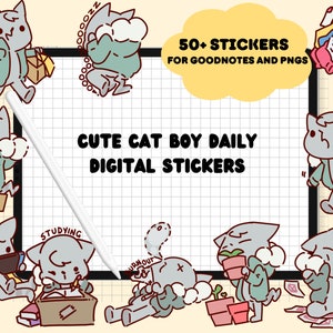 Peut inclure: Un ensemble de plus de 50 autocollants numériques représentant de mignons chats de dessin animé dans diverses poses et activités. Les autocollants sont conçus pour être utilisés dans Goodnotes et d'autres applications de prise de notes. Le texte "Cute Cat Boy Daily Digital Stickers" est affiché sur l'image.