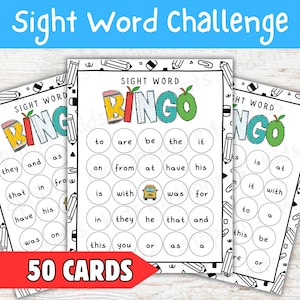 May include: Three sight word bingo cards with the title "Sight Word Challenge". Each card features a bingo grid with sight words and the word "Bingo" in colorful letters. A red banner at the bottom reads "50 CARDS".
