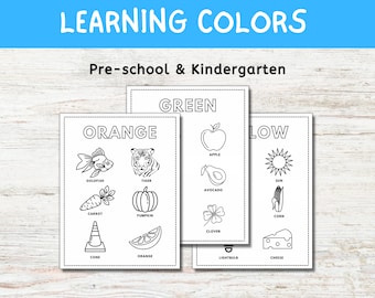 May include: Black and white printable worksheets for preschool and kindergarten students to learn colors. The worksheets feature images of objects in orange, green, and yellow, with the name of each object and color listed below.