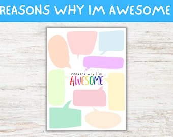 Reasons Why I’m Awesome, Self Worth Worksheet, Self Esteem Activity, Kids and Teenager Self Love Excercise, Self Love Worksheet,Teen Therapy