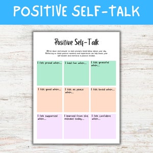 Positive Selbstgespräch Arbeitsblatt für alle Altersgruppen, Selbsthilfe Journal Seite, Digitale psychische Gesundheit druckbar, Bewältigungsfähigkeiten für Kinder, Jugendliche und Erwachsene