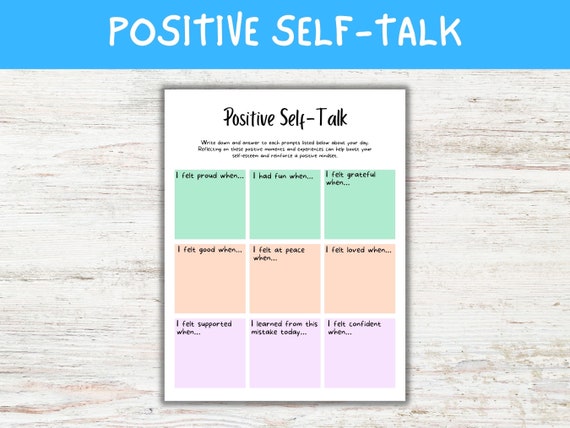 Positive Self Talk Worksheet for all Ages, Self Help Journal Page, Digital Mental Health Printable, Coping Skills for Kids, Teens and Adults