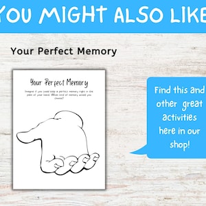 K&ouml;nnte beinhalten: Schwarz-wei&szlig;-Illustration einer offenen Hand mit dem Text "Your Perfect Memory" dar&uuml;ber. Der Text lautet "Stell dir vor, du k&ouml;nntest eine perfekte Erinnerung direkt in deiner Handfl&auml;che aufbewahren. Welche Art von Erinnerung w&uuml;rdest du w&auml;hlen?" Eine blaue Sprechblase mit wei&szlig;em Text lautet "Finde dies und andere tolle Aktivit&auml;ten in unserem Shop!"