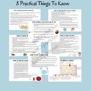 May include: A teal-colored infographic titled "8 Practical Things To Know" with instructions on cooking, setting a table, and writing notes. The image includes text and illustrations for each topic, such as boiling eggs and brewing tea.