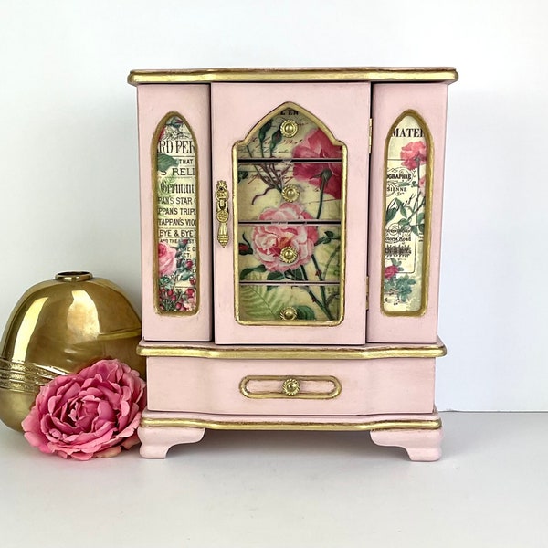 Pink jewelry box, upcycled vintage wood box, floral jewelry armoire, hand painted shabby chic box, jewelry storage organizer, gift for her