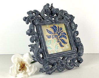 Navy blue picture frame, hand painted metal frame, upcycled 4x4 tabletop frame, shabby chic whitewashed frame, gift for friend, coworker