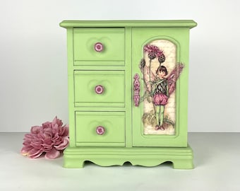 Girls upcycled vintage jewelry box, hand painted wood jewelry box, fairy jewelry storage, green armoire, chest, gift for kids, child, teen