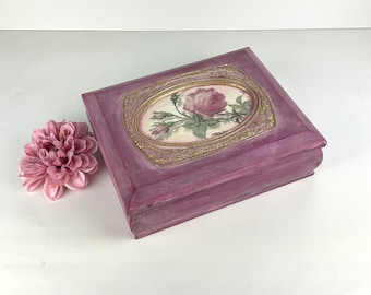 Romantic roses keepsake box, hand painted vintage box, upcycled trinket box, shabby chic box, stash box, Christmas gift for sister, friend