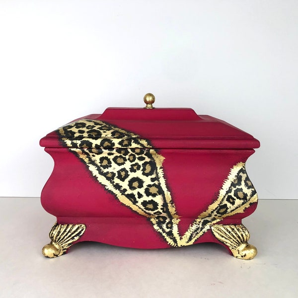 Ornate keepsake box, leopard print trinket box, hot pink jewelry chest, hand painted shabby chic box, remote control holder, gift for her