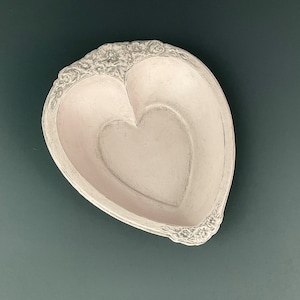 Pale pink ring dish, upcycled vintage silver ring dish, hand painted trinket dish, small heart shaped jewelry dish, valentine gift for her