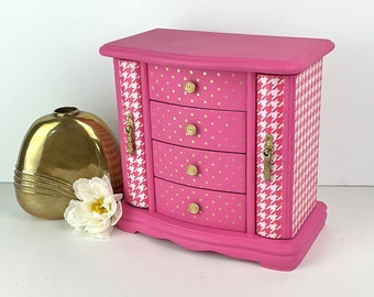 Pink jewelry box, fashion-doll pink jewelry box, upcycled armoire, painted wood jewelry storage, houndstooth jewelry organizer, gift for her