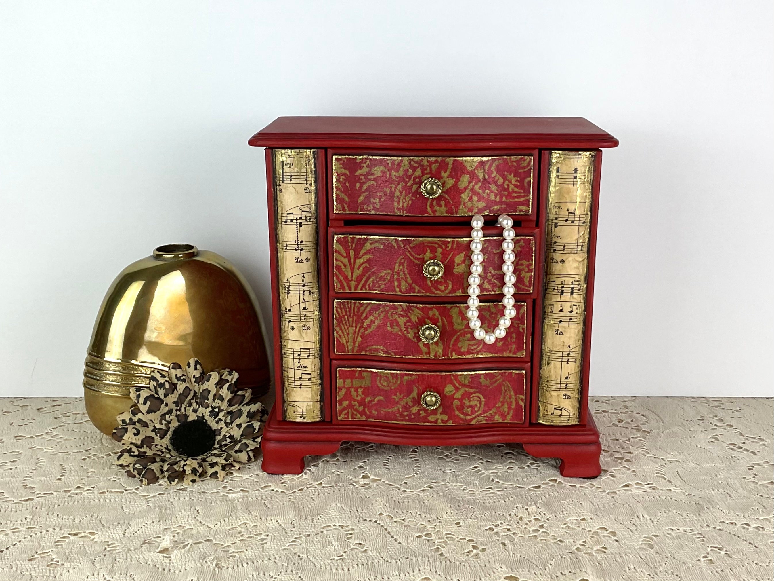 Red & Gold Decoupage Jewelry Box: Upcycled Vintage Armoire - Etsy Red & Gold Decoupage Jewelry Box: Upcycled Vintage Armoire - Etsy