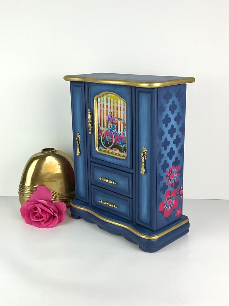 Blue Jewelry Box Upcycled Vintage Jewelry Armoire Hand Etsy