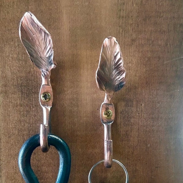 Artisan Leaf Finial Copper Hooks - Set of 2 | Hand-Forged Recycled Copper