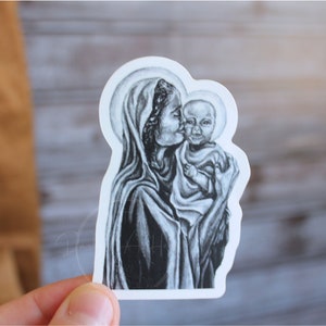 Madonna and Child Vinyl Sticker (Our Lady, Virgin Mary and baby Jesus, Catholic original artwork for laptop, water bottle and more)
