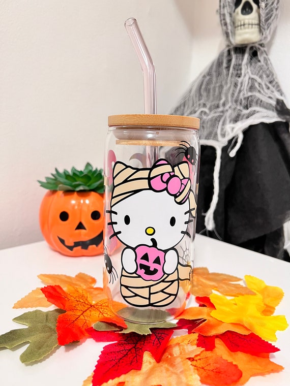 Hello Kitty Halloween Glass Cup, Hello Kitty Pumpkin, Mummy, Halloween Glass  Cup, Spooky Cute Cup, Kawaii Kitty, Iced Coffee, Spooky Vibes 