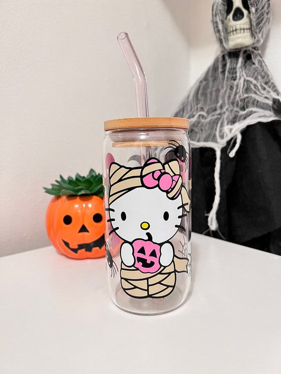 Hello Kitty Glass Mug w/ Topper & Spoon Halloween Witch