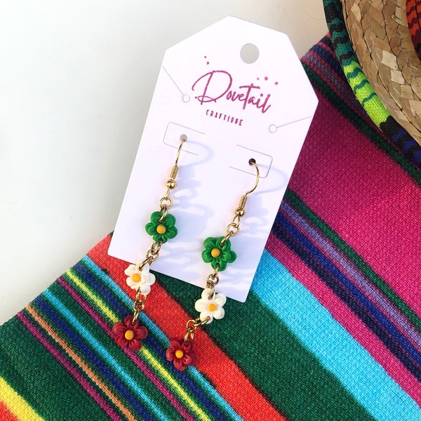 Petite flower dangle earrings, Mexican flag earrings, Mexican colored, Latino-inspired dia de muertos, Fiesta flower earrings, gift for her