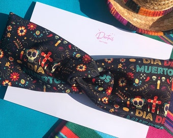 Day of the dead headband, dia de muertos stretchy knotted twisted headband, calavera headband, sugar skull headband, Latino catrin hair band