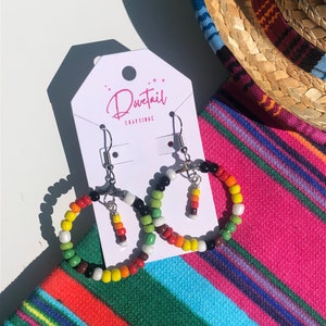 Mexican serape beaded hoop earrings, Mexican sarape colored seed bead hoops, Latina-inspired hoops, Hispanic Heritage dangles, Fiesta gift