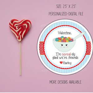 Etiquetas de favor de San Valentín, Pegatinas de San Valentín imprimibles, San Valentín de cereales, Caja de etiqueta de San Valentín de cereales, Cereal-sly me alegro de que somos amigos
