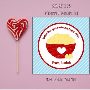 Printable Valentine Stickers, You Make My Heart Pop, Popcorn Valentine Tag, Valentine Exchange for school, Printable Valentine Favor Tags