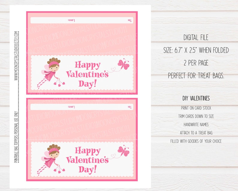 Pink Fairy Valentine's Day Printable Bag Toppers, Printable Valentine ...