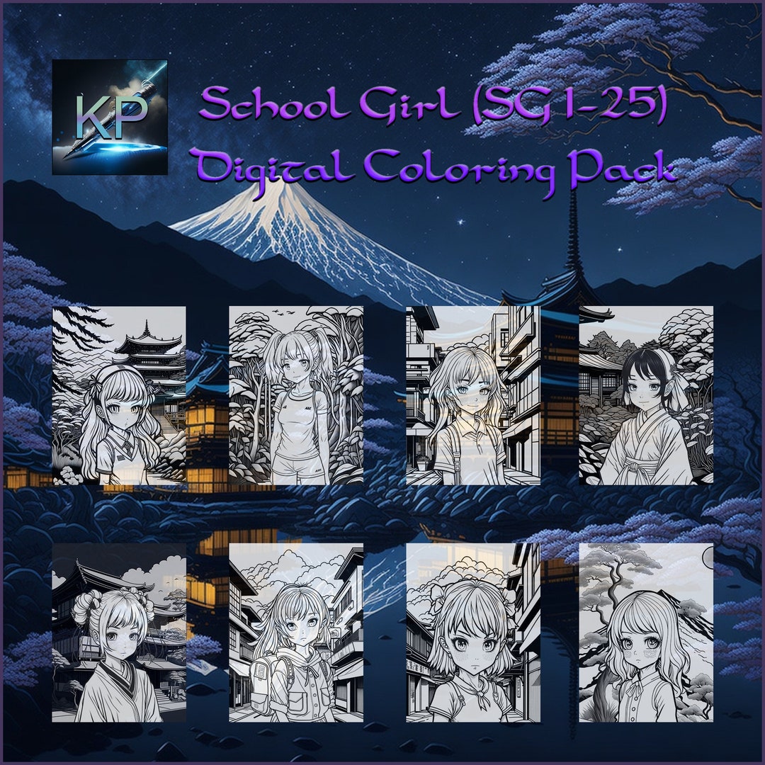 SG1-25 Anime Style Coloring Digital Pack for Adults and Kids of a School Girl With Detailed ...