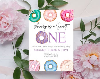 Sweet One Donut Birthday | 5x7 Invitation | Digital Invitation | Editable Invitation | Canva Birthday Template | Birthday Invitation