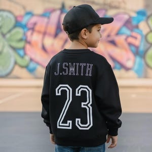 Personalised Kids Varsity Jumper, Custom Baby & Toddler Jersey Style Sweatshirt, Back Print image 1