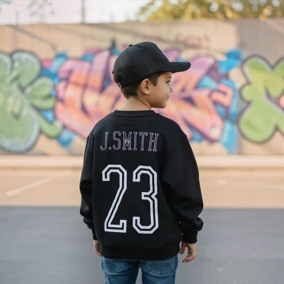 Personalised Kids Varsity Jumper, Custom Baby & Toddler Jersey Style Sweatshirt, Back Print