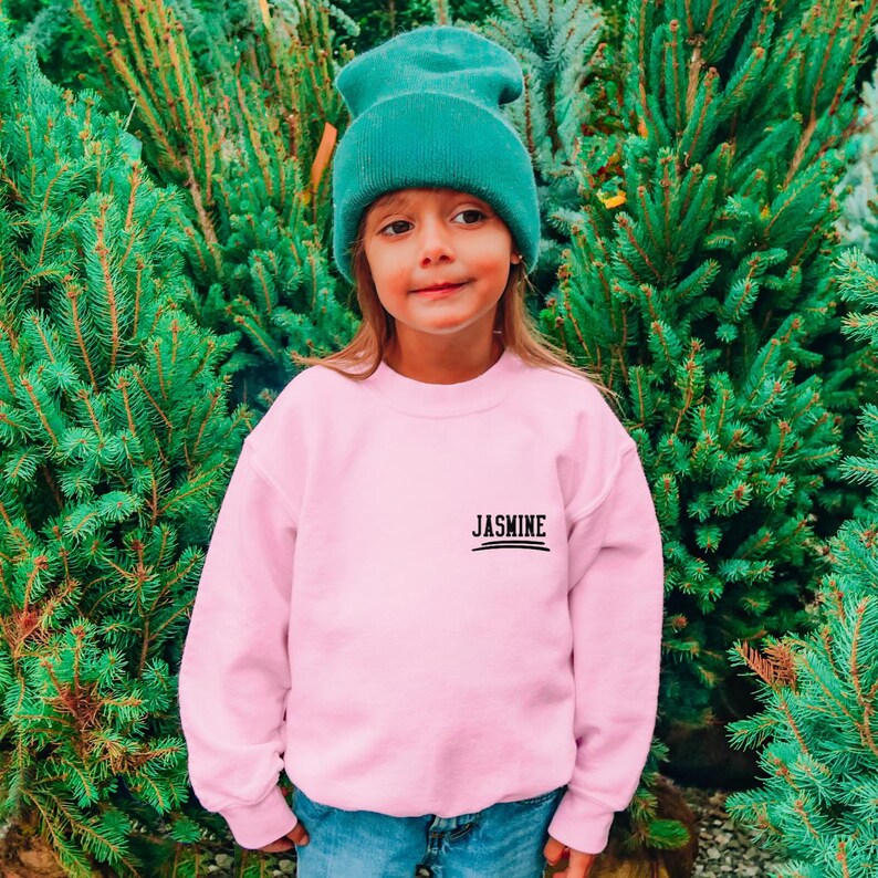 May include: A light pink long-sleeve sweatshirt featuring the name JASMINE printed in black text on the upper left chest, paired with a solid teal knit beanie cap. The garment has a crew neckline and long sleeves with ribbed cuffs.