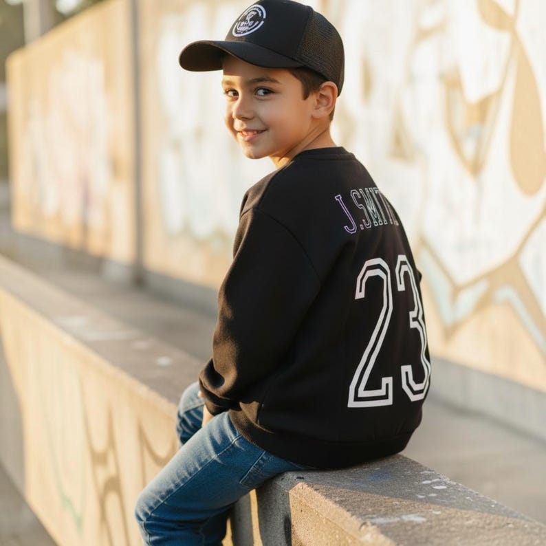 May include: A black baseball cap with a circular logo on the front and a black long-sleeve sweatshirt featuring the text J.SMITH and the number 23 in white outline font on the back, paired with blue denim jeans.