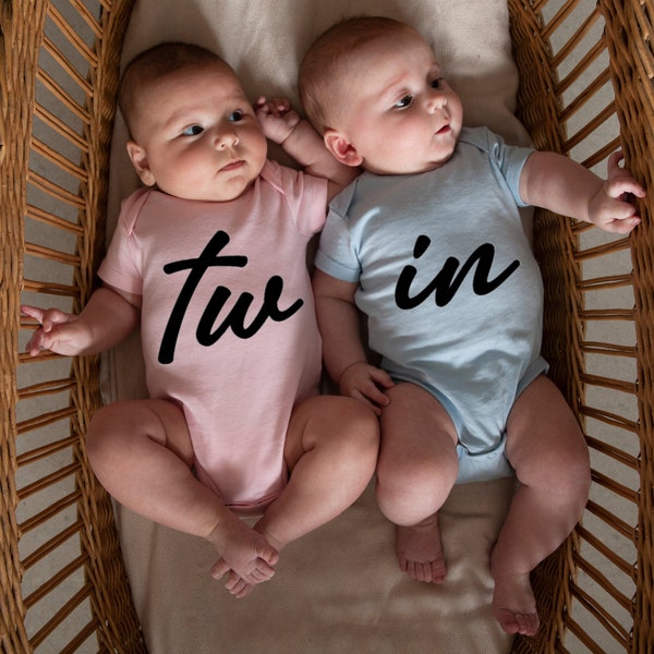 Personalised Twin Baby Bodysuits, Custom 2 Pack Twin Onesies, Matching Twin Outfit, Baby Boy, Baby Girl- CURSIVE TWIN