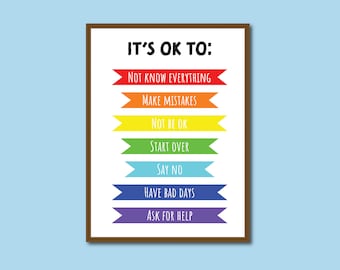 Puede incluir: Un póster motivacional con el texto "IT'S OK TO:" y una lista de siete cosas que está bien hacer, incluyendo "No saberlo todo", "Cometer errores", "No estar bien", "Empezar de nuevo", "Decir que no", "Tener días malos" y "Pedir ayuda". Cada elemento está escrito en una pancarta de colores.