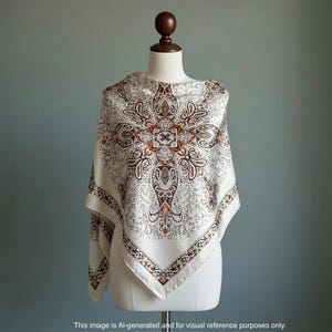 White and tan Polyester Vintage printed scarf Classic paisley motifs with Floral and botanical elements 36 x 36 inches