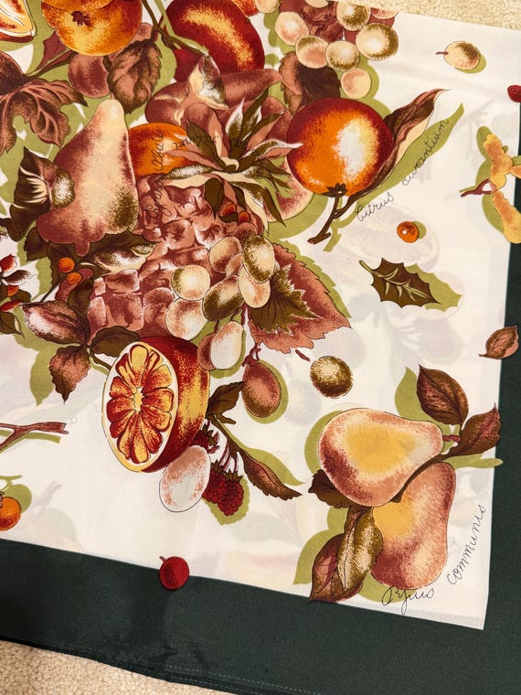 Vintage Scarf 1980s–1990s Japan Scarf Polyester Abundant Harvest Fruits and Berries Still Life on Ivory with Black Border 30x30 inches View 2