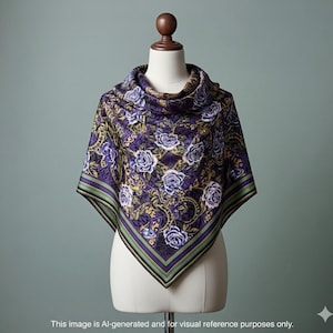 Artisan Cing Vintage Scarf Japan Scarf with floral and damask pattern 35 x 35 inches Rococo rose medley with ornamental tile border