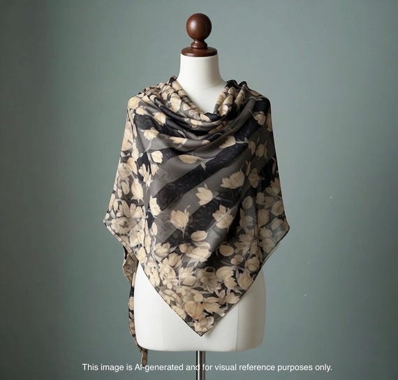 Mila Schon - Vintage Scarf 1980s–1990s Japan 100% Silk Scarf Hand Rolled Edges Ethereal Tulip Field in Beige and Black 35x35 inches