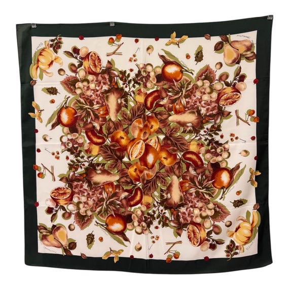 Vintage Scarf 1980s–1990s Japan Scarf Polyester Abundant Harvest Fruits and Berries Still Life on Ivory with Black Border 30x30 inches