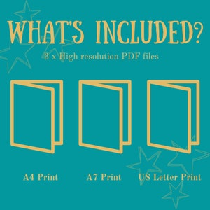 Pu&ograve; includere: Illustrazione di tre fogli di carta piegati, etichettati "A4 Print", "A7 Print" e "US Letter Print". Il testo "WHAT'S INCLUDED?" e "3 x High resolution PDF files" &egrave; sopra i fogli di carta.