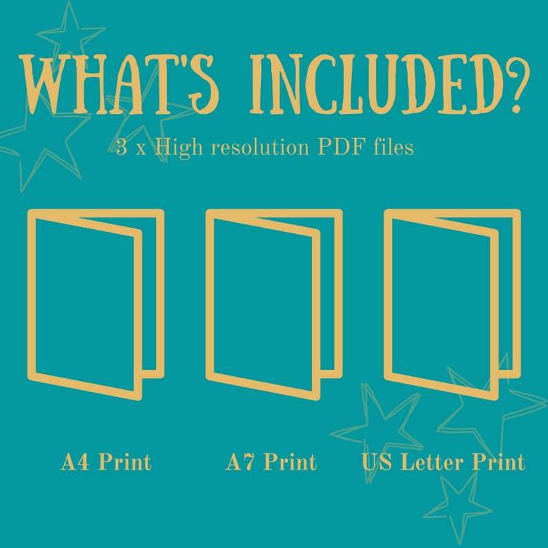 Pu&ograve; includere: Illustrazione di tre fogli di carta piegati, etichettati "A4 Print", "A7 Print" e "US Letter Print". Il testo "WHAT'S INCLUDED?" e "3 x High resolution PDF files" &egrave; sopra i fogli di carta.